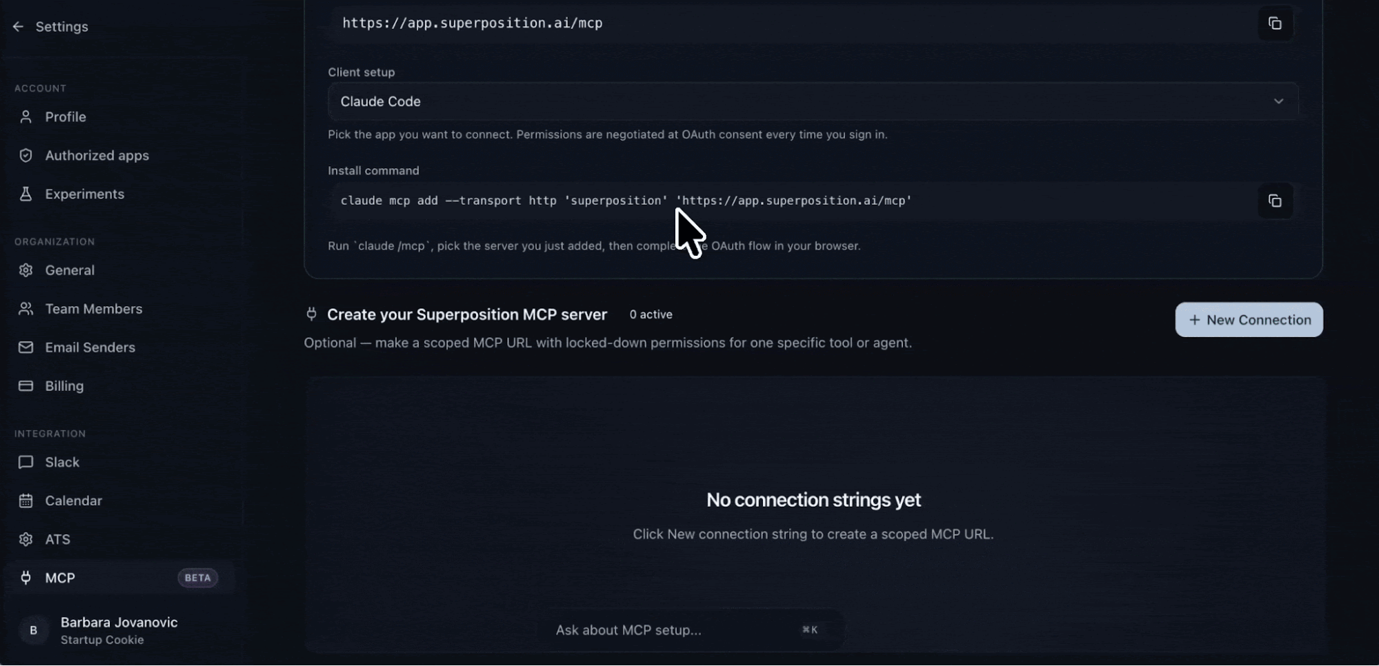 Superposition MCP settings page with the add third-party MCP server section and add server button.