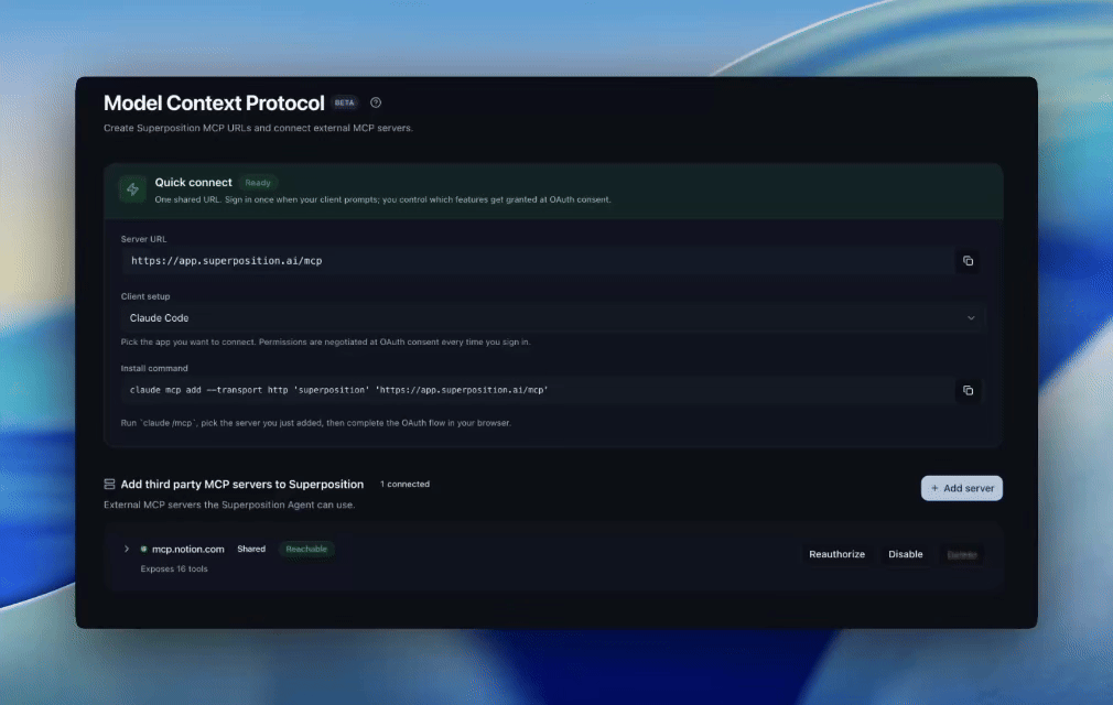 Superposition MCP settings showing active connection counts for external agents and third-party servers.