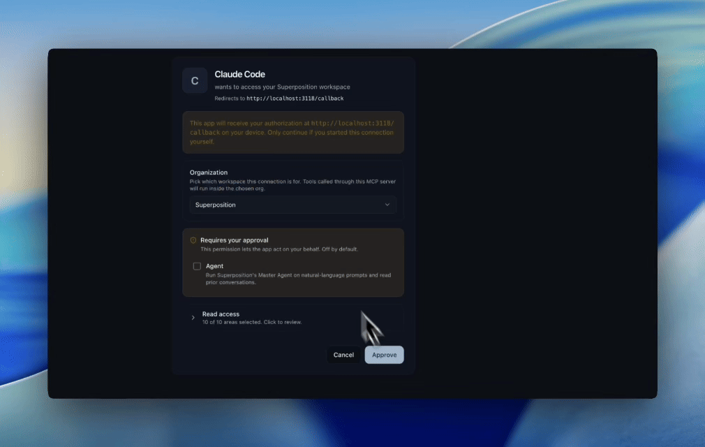 Claude Code OAuth consent screen for granting Superposition MCP permissions.